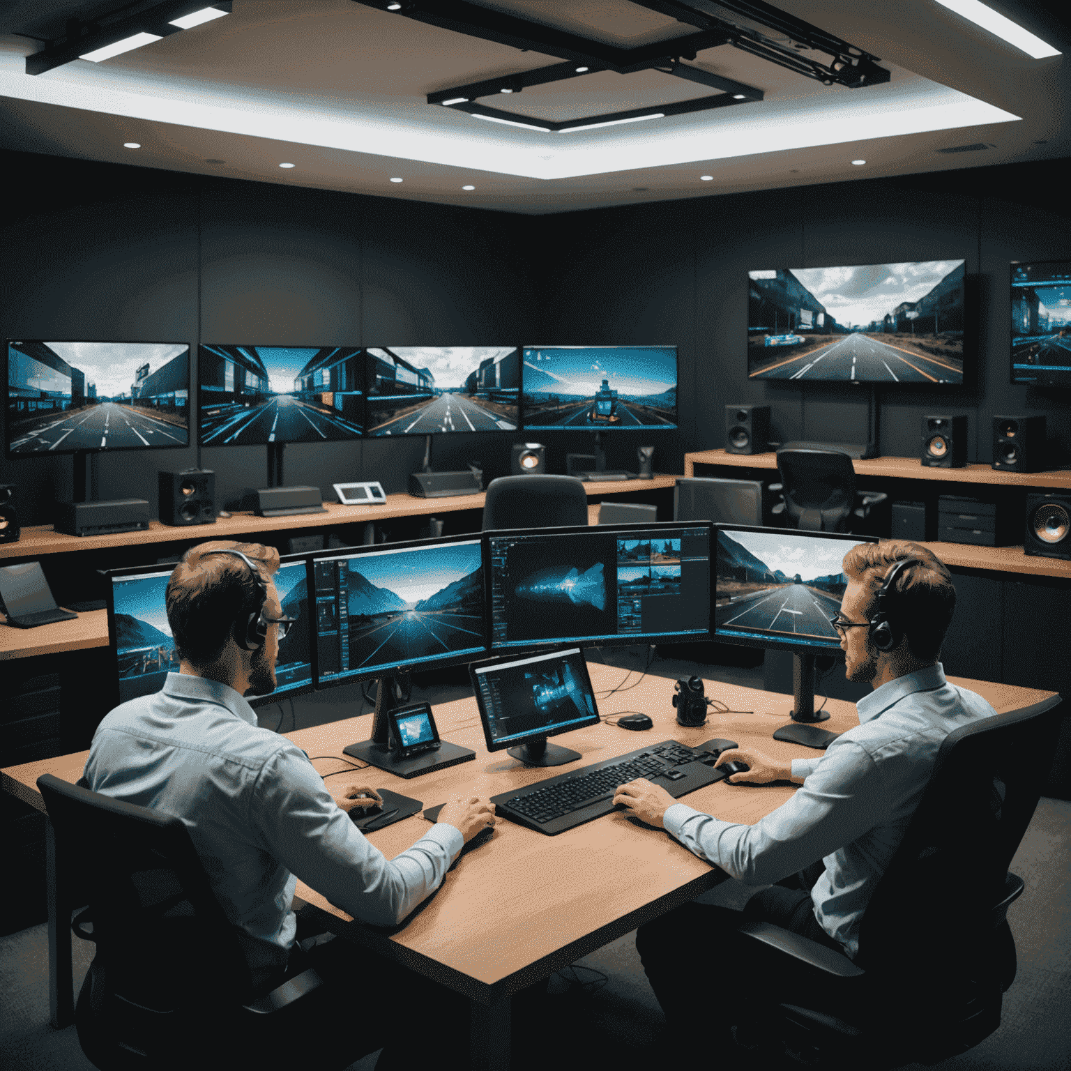 Equipo de editores profesionales trabajando en una sala de edición moderna con múltiples pantallas y equipos de alta tecnología