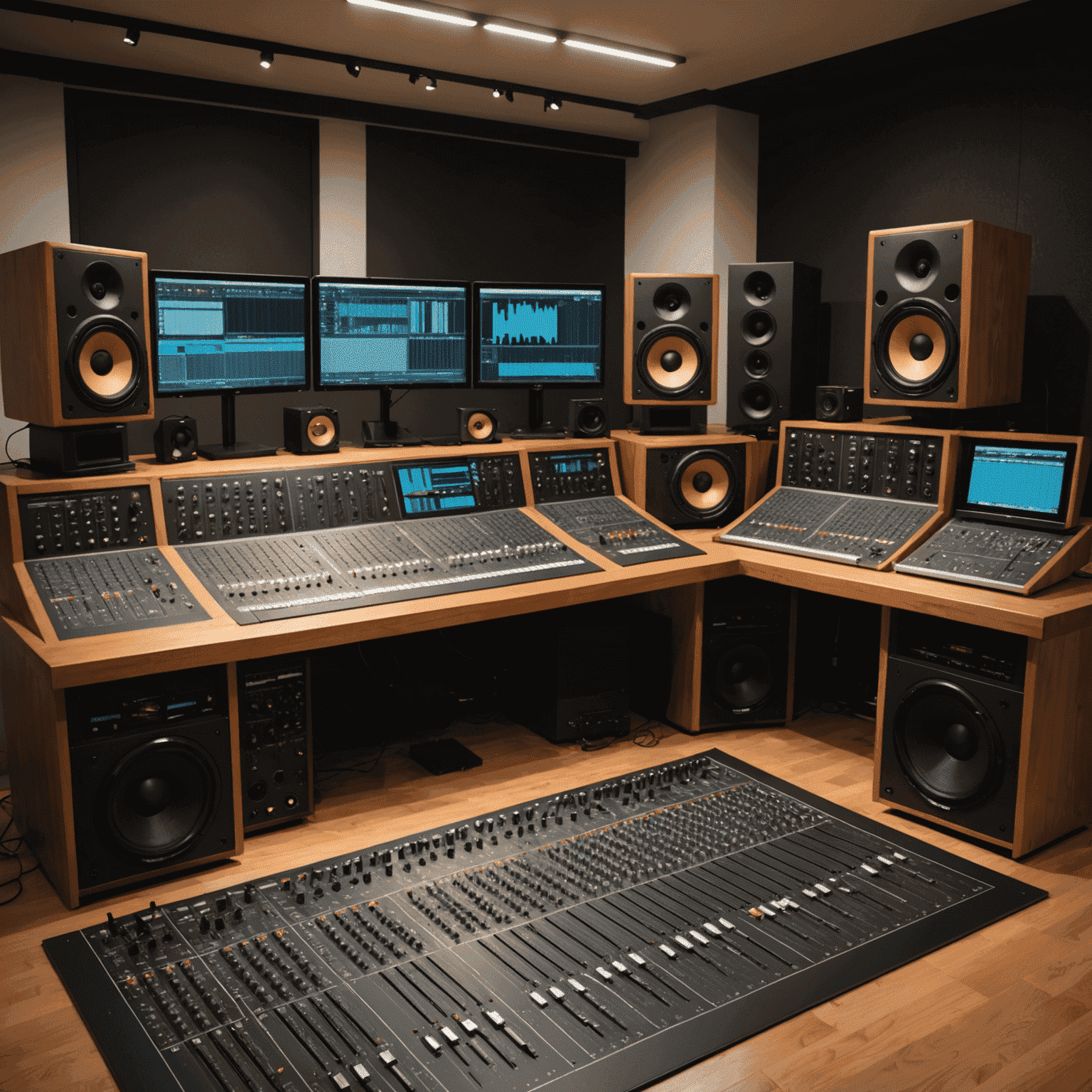 Estudio de edición de audio con equipos profesionales, mezcladores y monitores de alta calidad