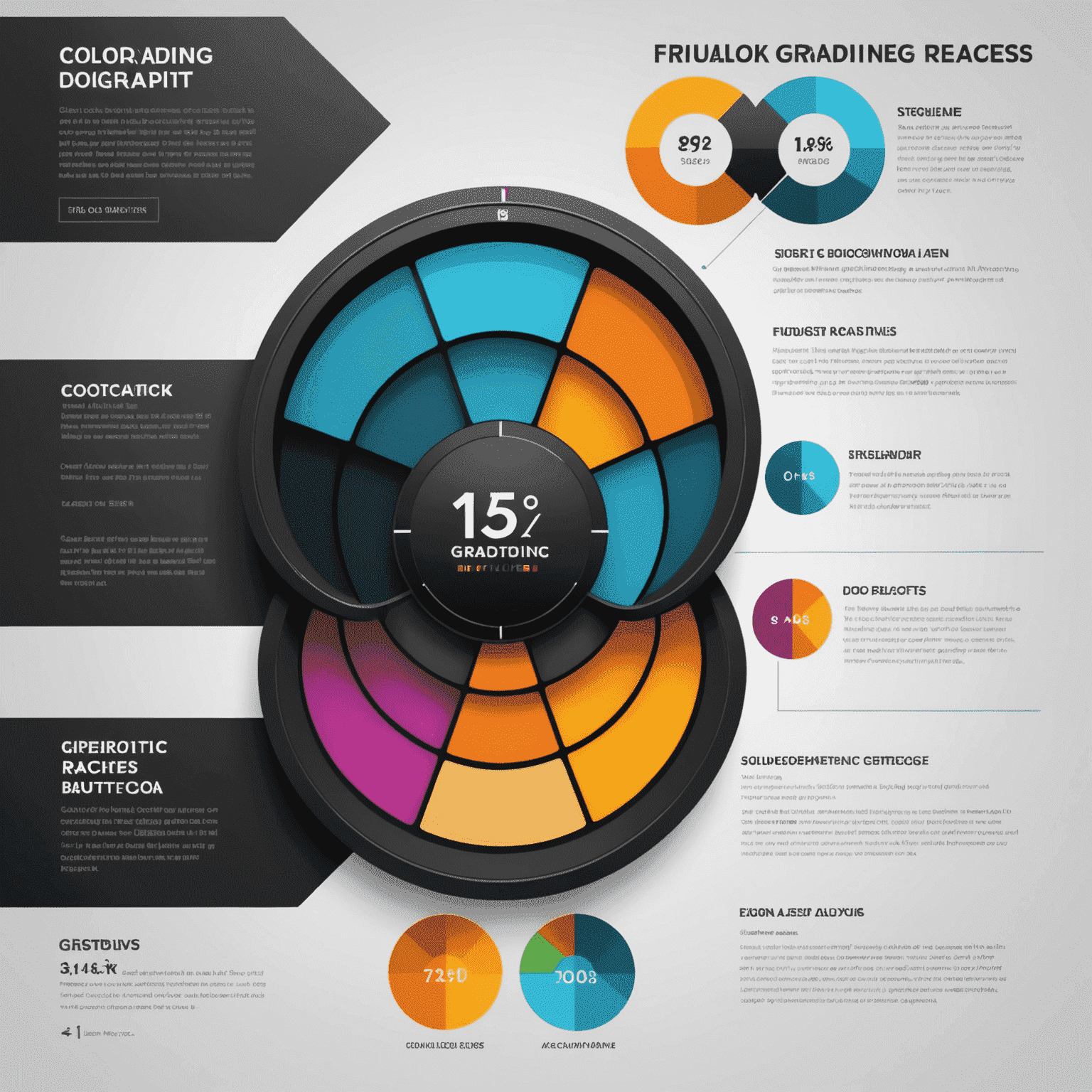 Infografía que muestra el proceso de gradación de color en cinco pasos, desde el análisis del material bruto hasta los ajustes finales.